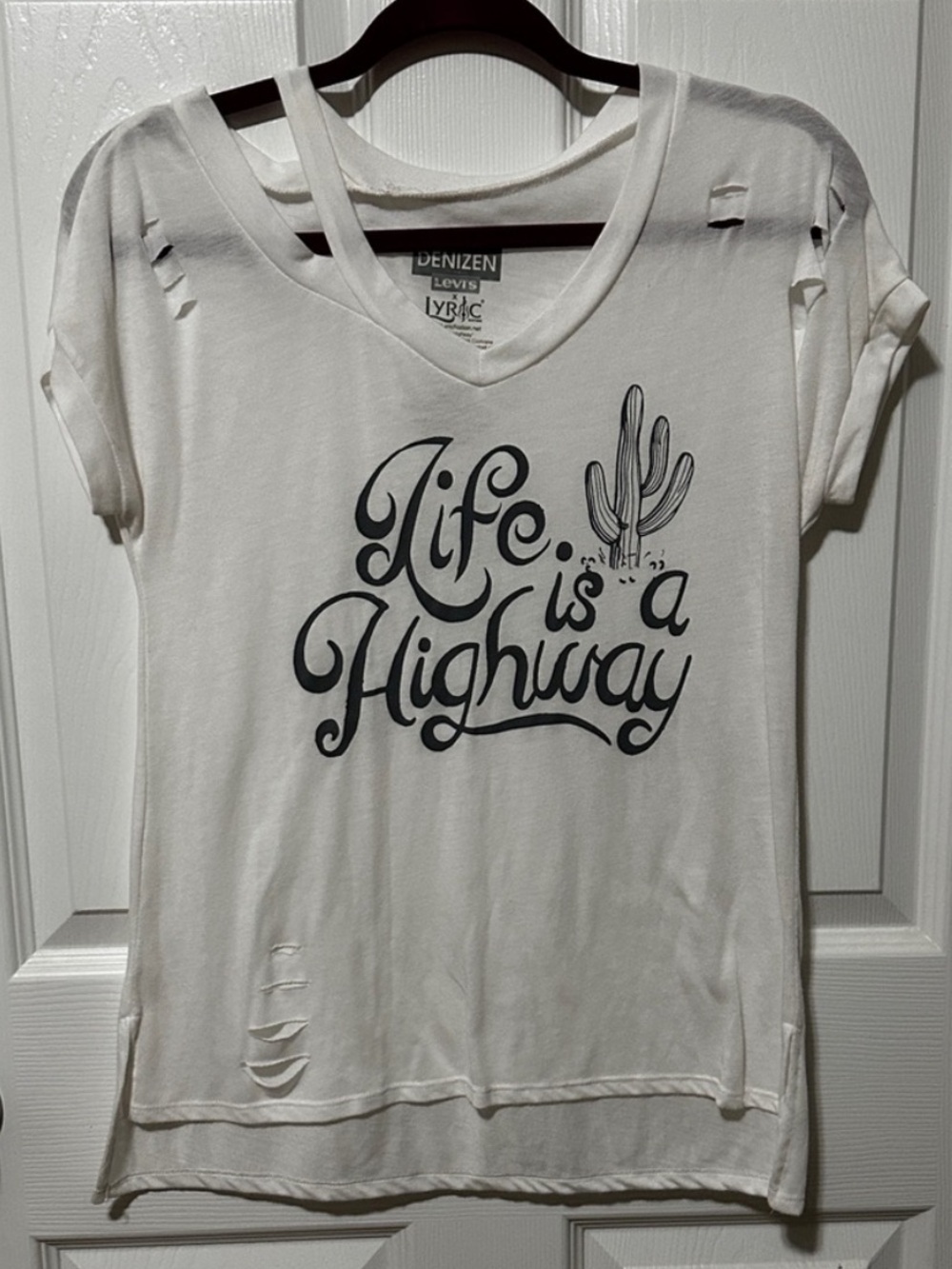 Levi's White 'Life Is a Highway' Distressed Graphic V‑Neck Tee